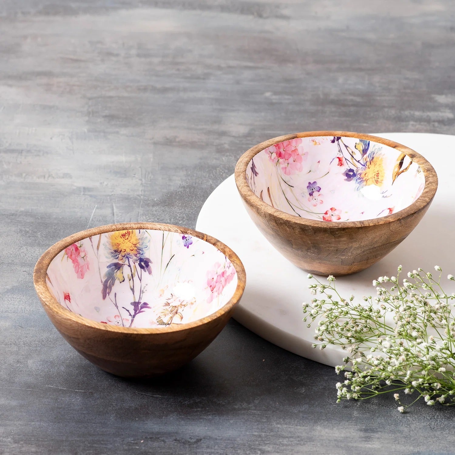 Nestroots Pink Printed Mango Wood Serving Bowls Set of 2