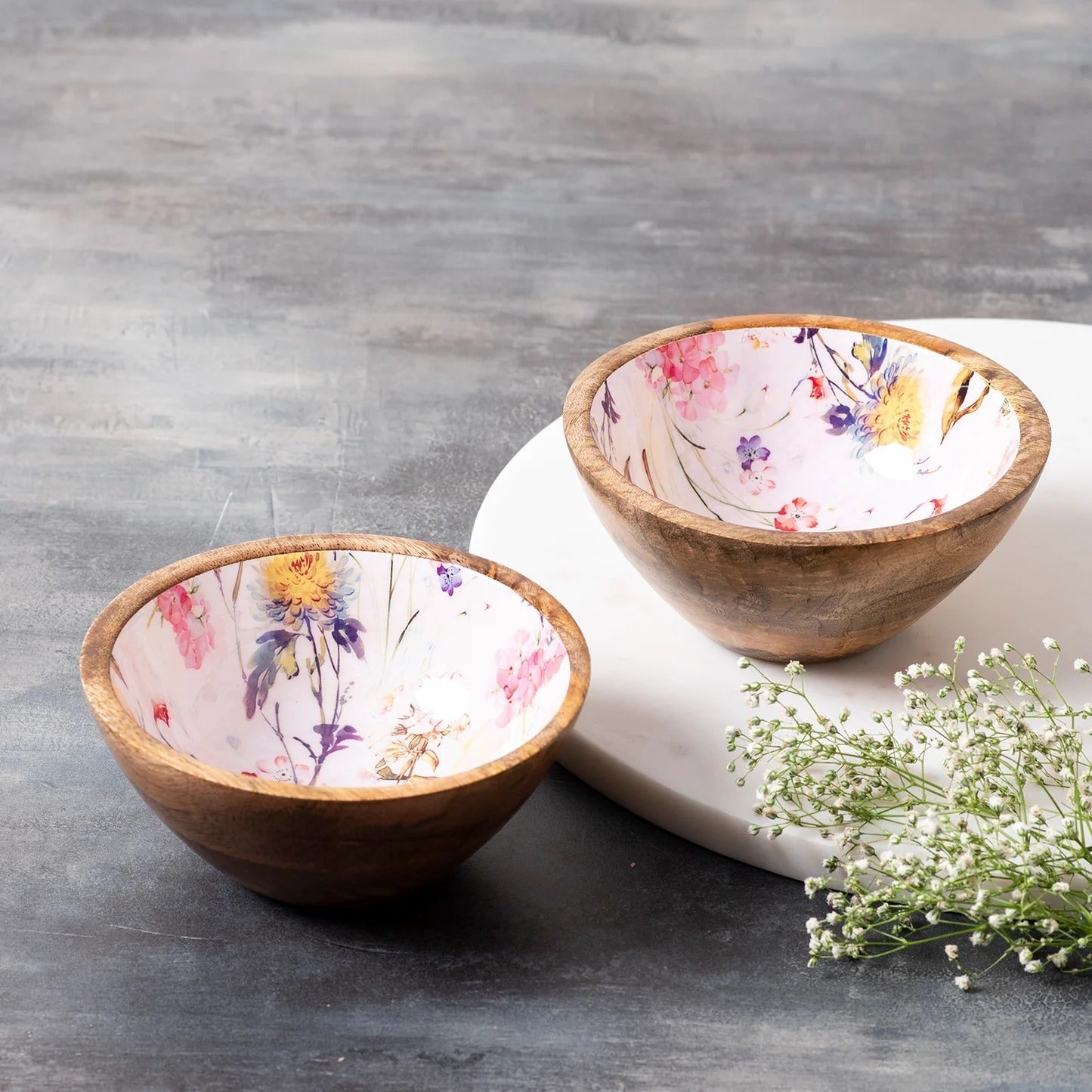 Nestroots Pink Printed Mango Wood Serving Bowls Set of 2