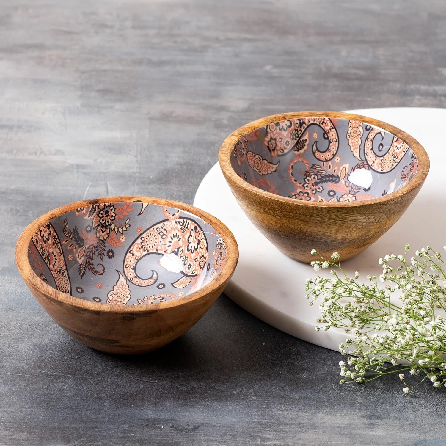 Nestroots Grey Printed Mango Wood Serving Bowls Set of 2