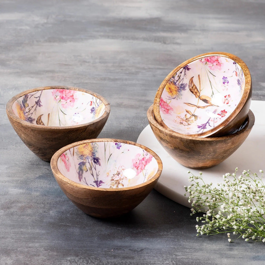Nestroots Pink Printed Mango Wood Serving Bowls Set of 4