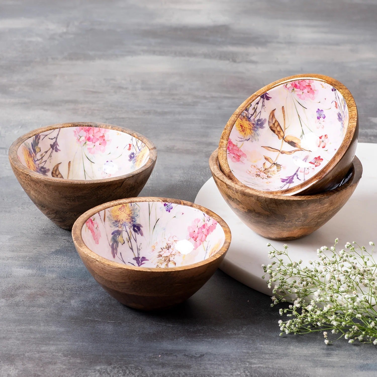 Nestroots Pink Printed Mango Wood Serving Bowls Set of 4