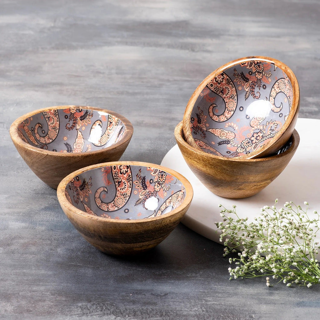 Nestroots Grey Printed Mango Wood Serving Bowls Set of 4