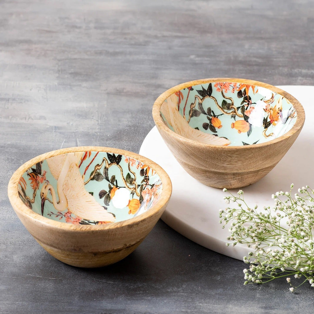 Nestroots Flamingo Printed Mango Wood Serving Bowls Set of 2