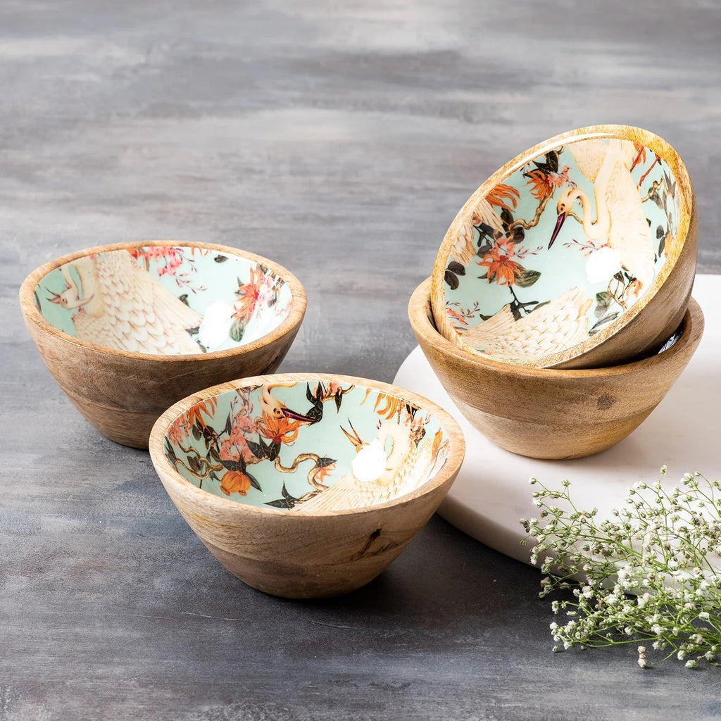 Nestroots Flamingo Printed Mango Wood Serving Bowls Set of 4