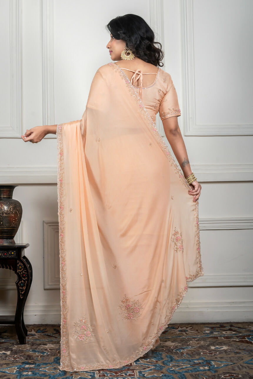 Morchari Beige Chiffon Hand Embroidery Saree And Stitched Blouse