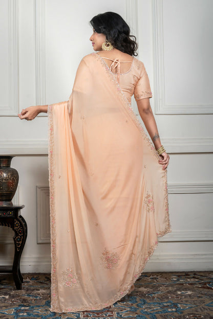 Morchari Beige Chiffon Hand Embroidery Saree And Stitched Blouse