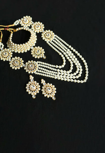 Mominos Fashion Johar Kamal Gold-Polished Rani Haar with Off white Pearls Jewellery Set