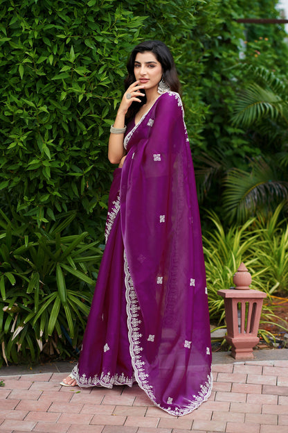 Vastranavya Purple Embroidery Work Shimmer Chiffon Saree with Unstitched Blouse