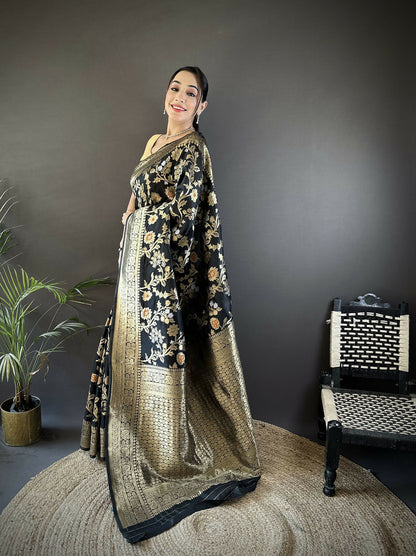Joban Fashion Black Floral & Ethnic Motifs Design Soft Silk Meenakari Banarasi Saree