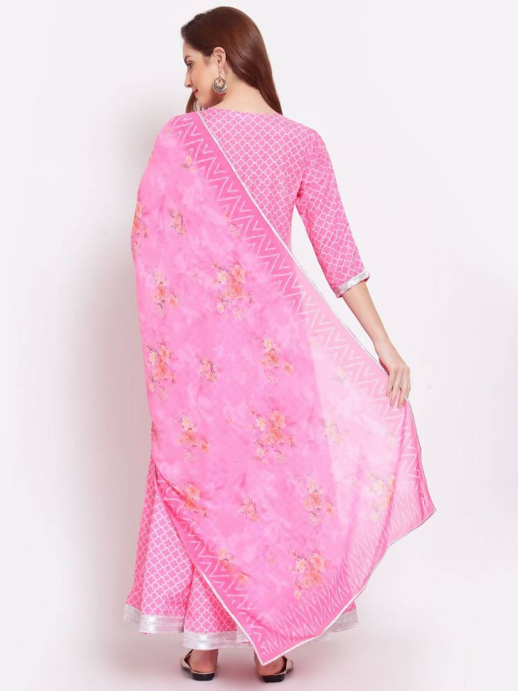 Indian Clothing Myshka Women's Pink Printed Cotton Blend 3/4 Sleeve V Neck Casual Anarkali Kurta Dupatta Set