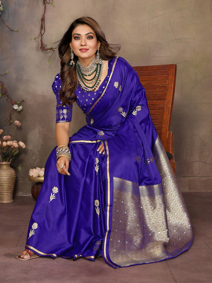 Joban Fashion Indigo Blue Floral & Botanical Motifs Satin Silk Banarasi Silk Saree