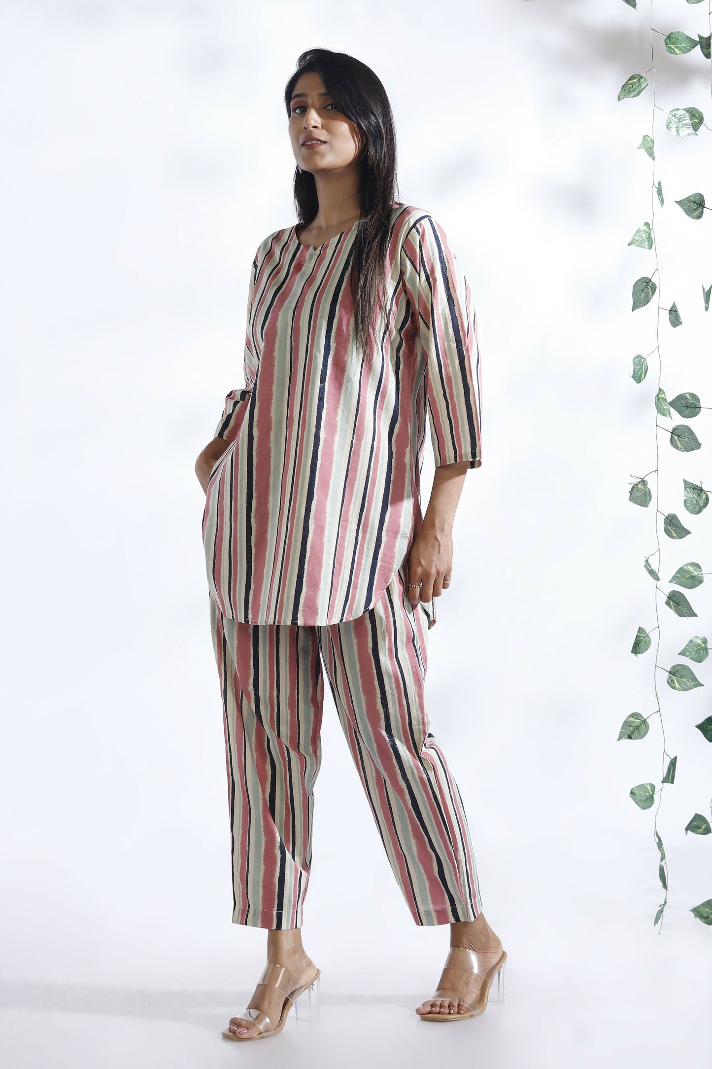 Breathables Women’S Pink Cotton Stripes Loungewear Co-Ord Set