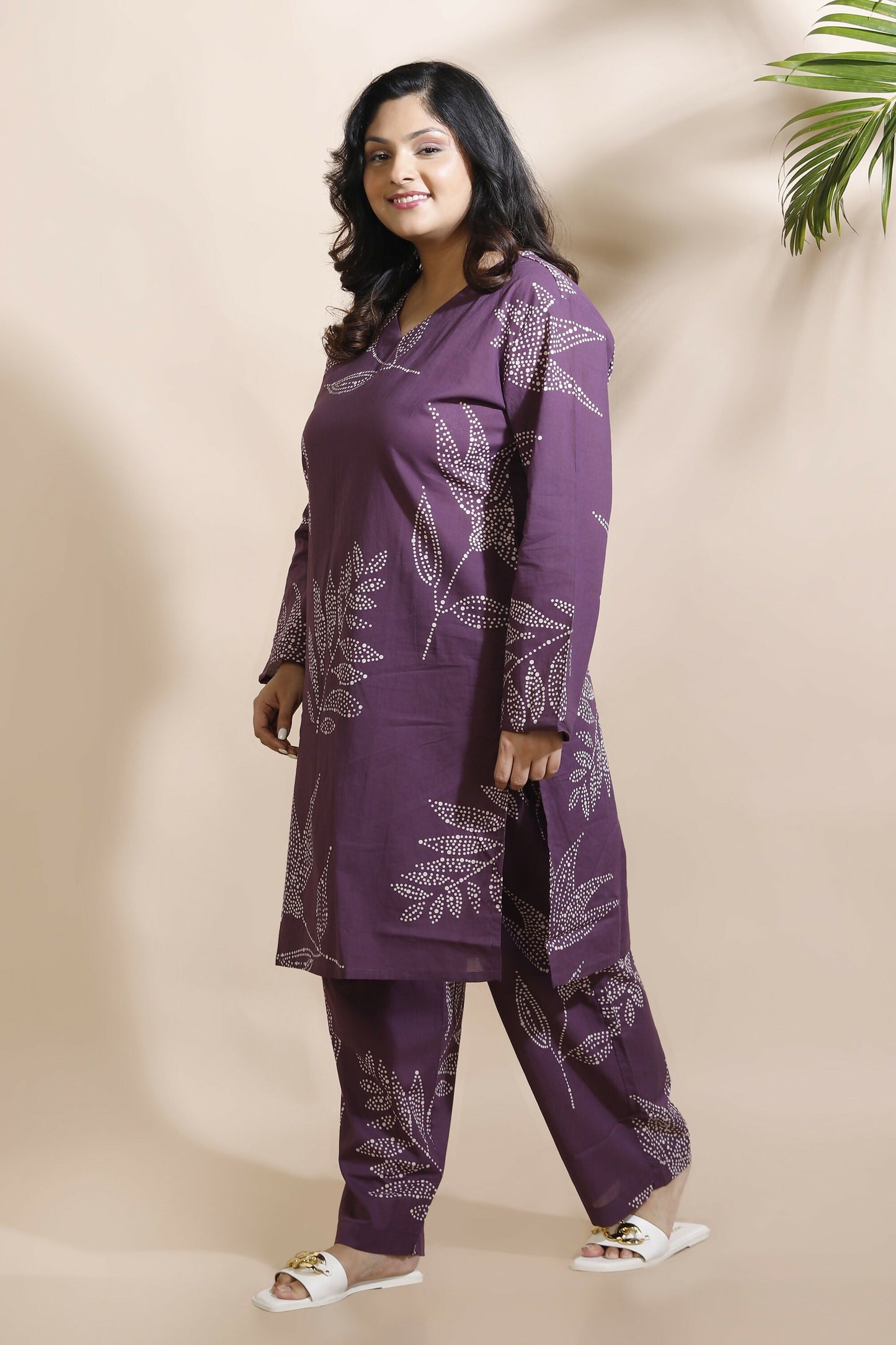 Breathables Women’S Purple Cotton Abstract Print Loungewear Co-Ord Set – Long Kurta & Pants