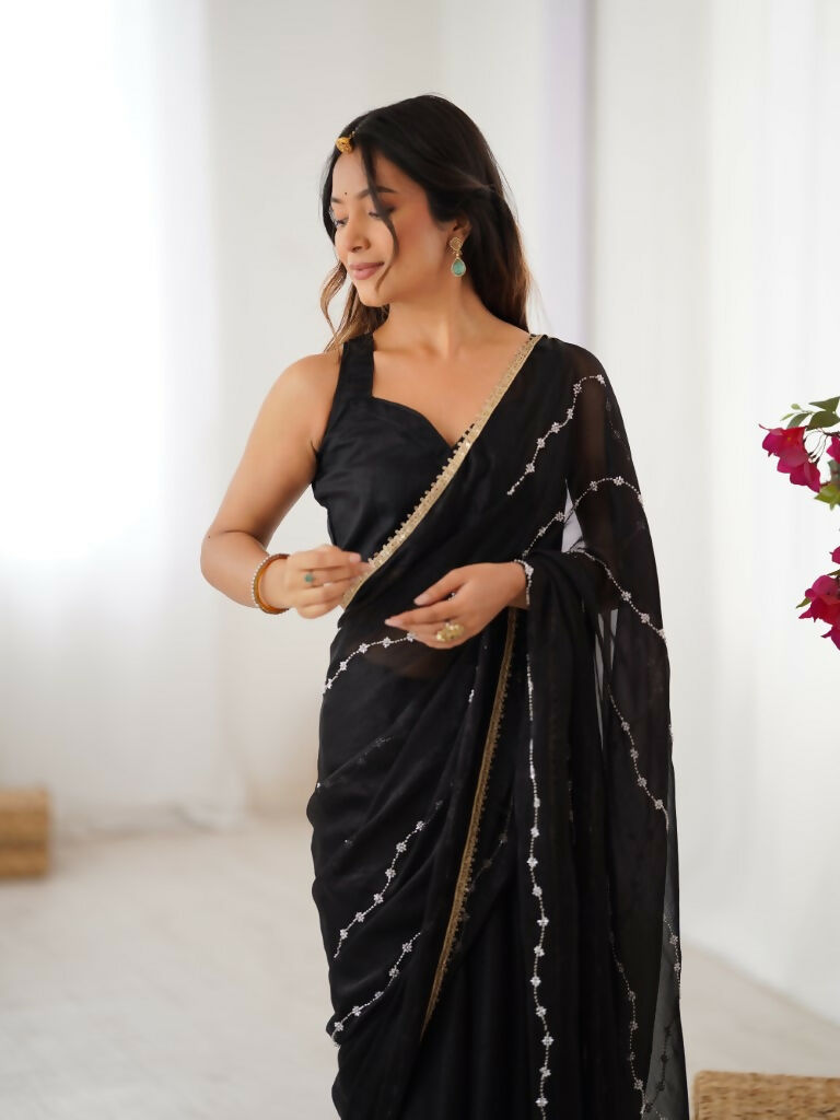 Black Sitara Chiffon Designer Beads Moti,Val Sequence Work Saree - Noorie