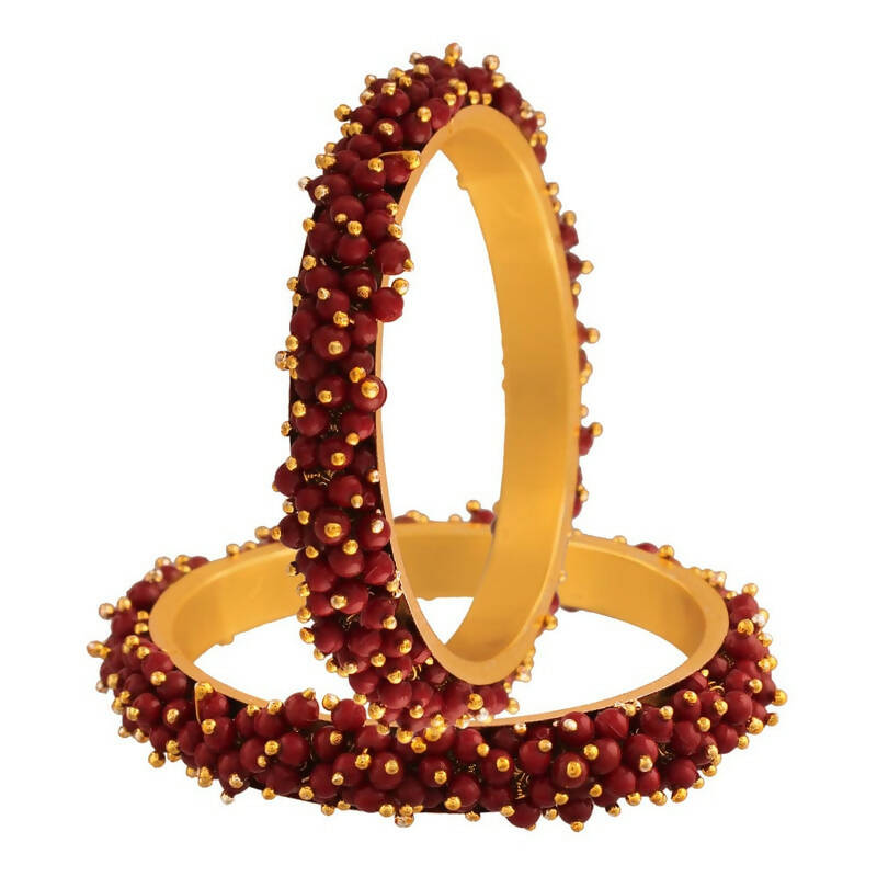 Mominos Fashion Joharkamal Gold-Polished Maroon Beads Work Bangles