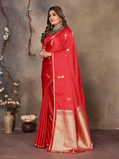 Joban Fashion Red Floral & Botanical Motifs Satin Silk Banarasi Silk Saree