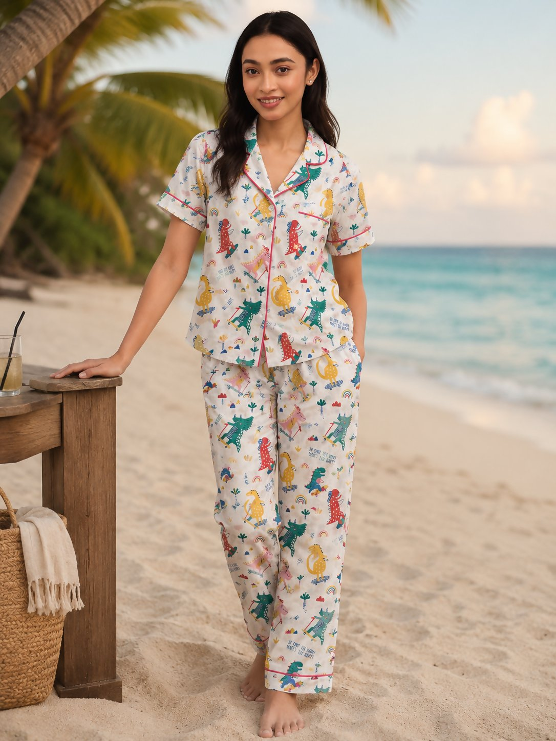 Breathables Woven Cotton Half Sleeves Dino Shirt & Pyjama White