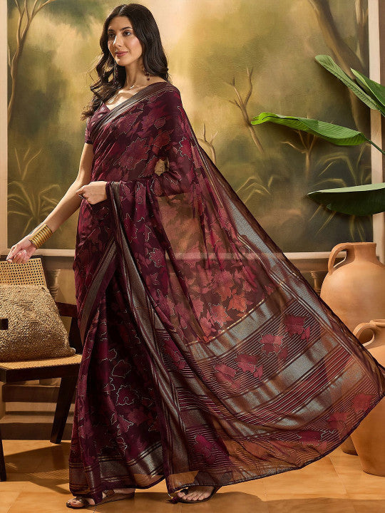 Sangria Floral Printed & Embellished Saree With Blouse Piece