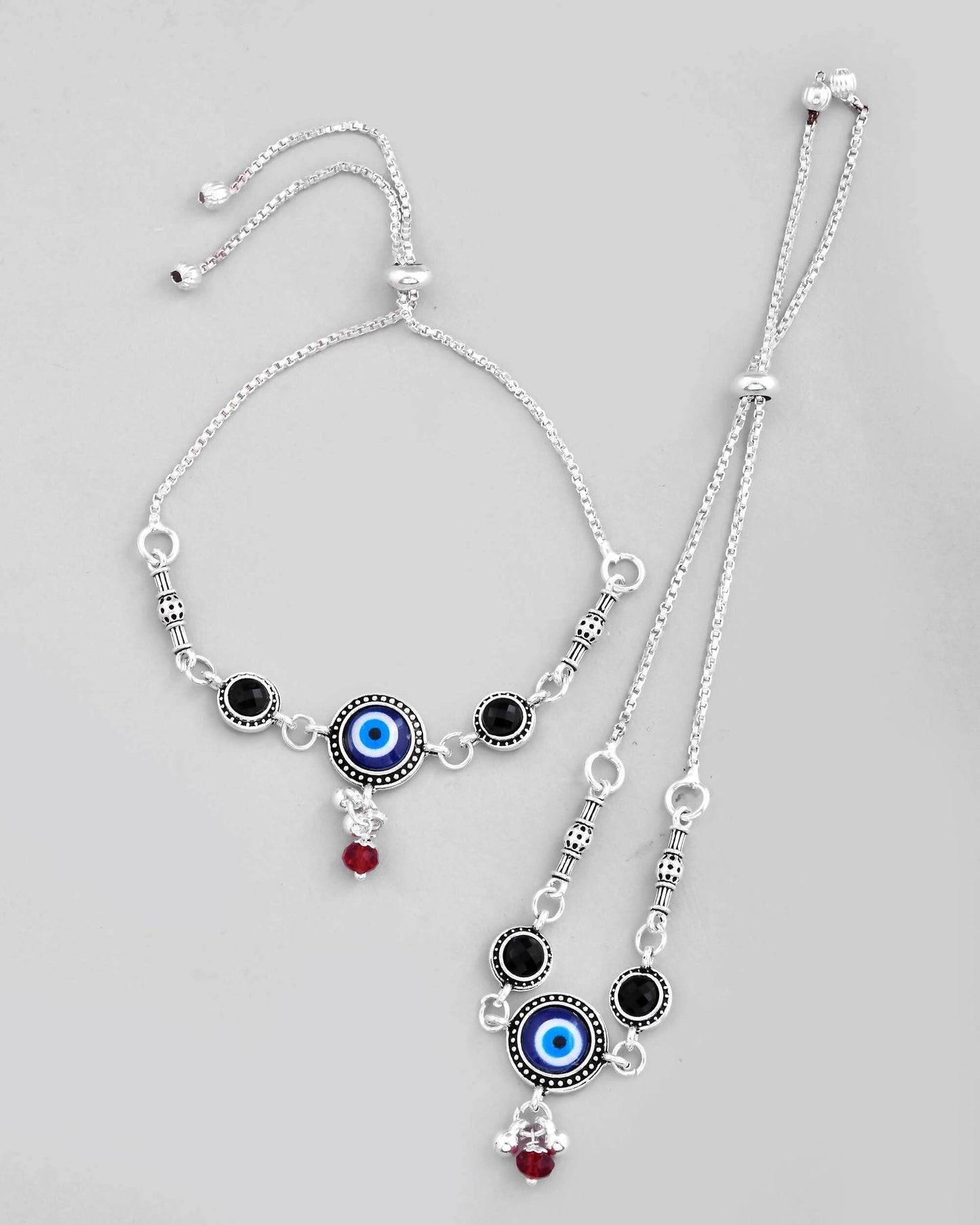 VOJ Set of 2 Silver Plated Evil Eye HandCrafted Adjustable Anklet