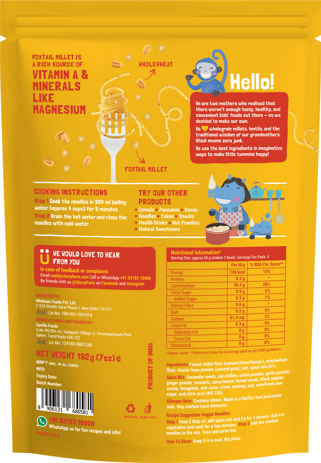 Slurrp Farm Classic Masala Millet Noodles - 192 gms
