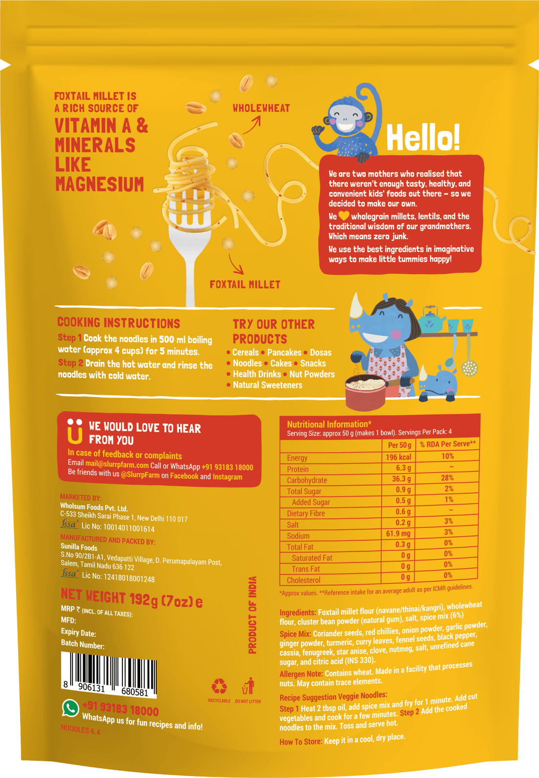 Slurrp Farm Classic Masala Millet Noodles - 192 gms