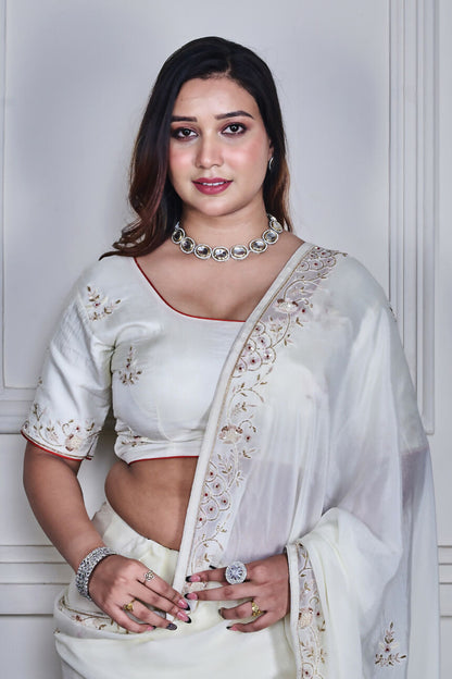 Morchari Off White Chiffon Hand Embroidery Saree Stitched Blouse