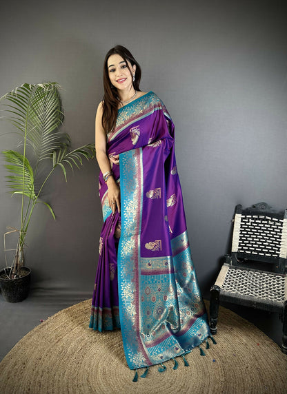 Joban Fashion Purple Banarasi Soft Silk Peacock Butta Work Saree