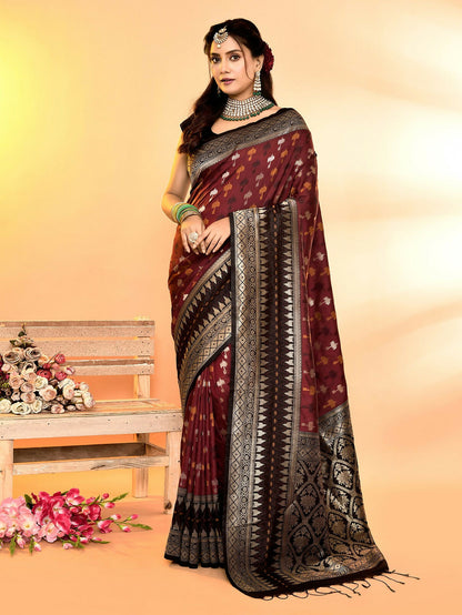 Joban Fashion Maroon & Black Plain With Weaving Border Banarasi Silk Sarees