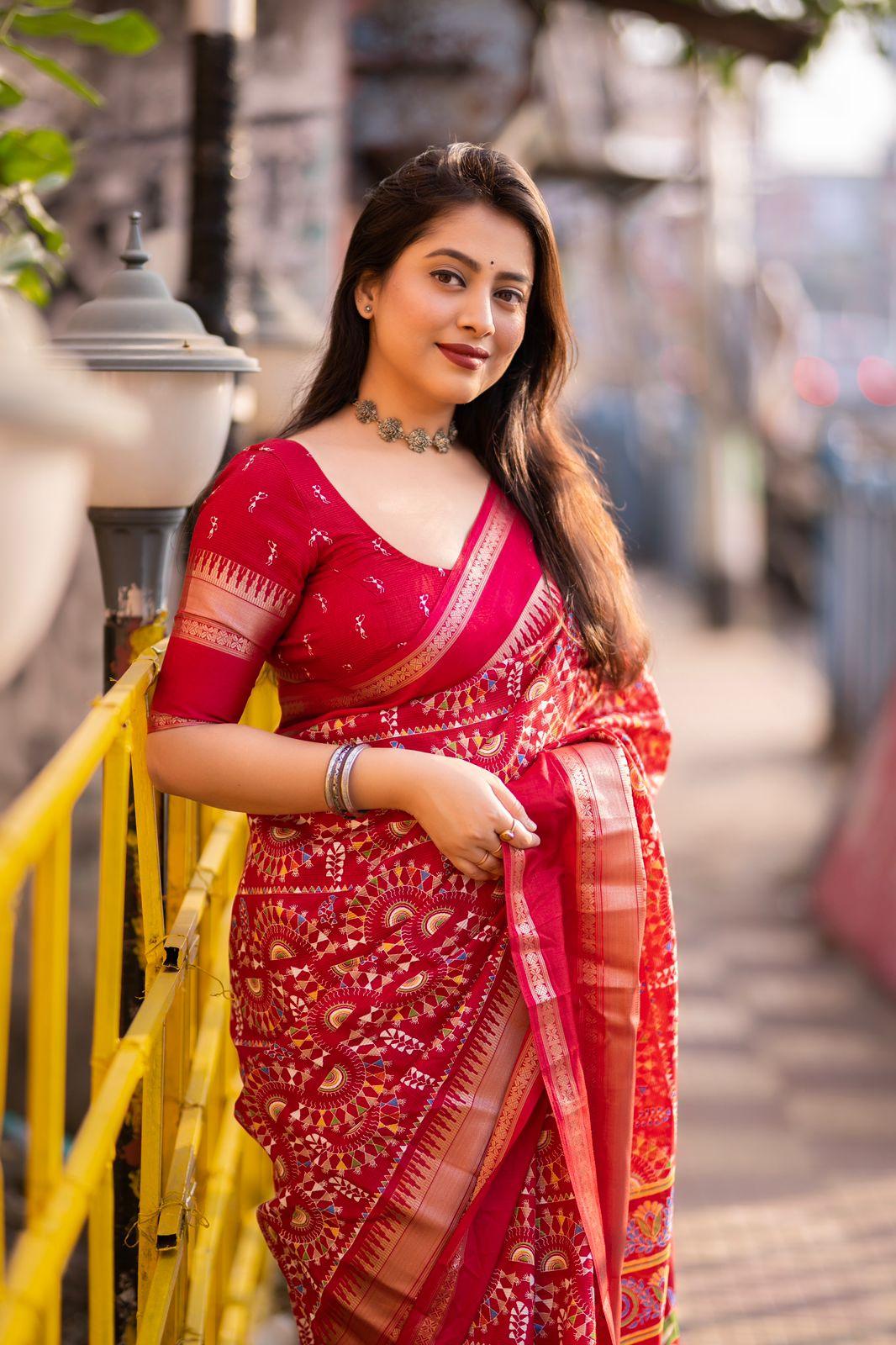 Red Cotton Blend Ethnic Motifs Saree with Unstitched Blouse - A2M