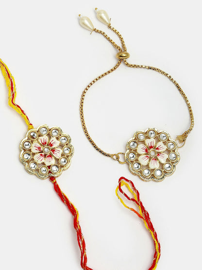 NVR Women & Men Set of 2 Gold Kundan-Studded Bhaiya Bhabhi Rakhi Set With Roli Chawal & Chocolate