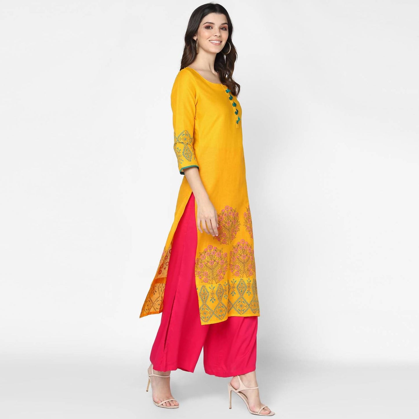Cheera Hand Block Print Mustard Straight Kurta (MAAI-052K)