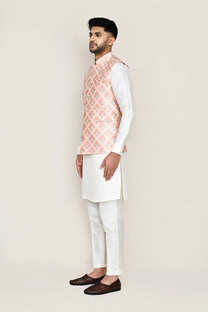 Joban Fashion White Colored Art Silk Fabric Kurta, Jacket With Straight Fit Pant