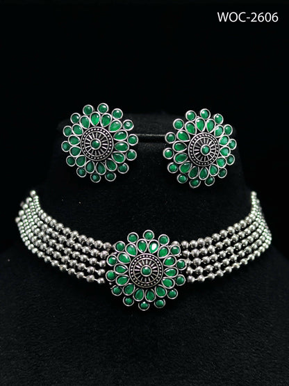 Mominos Fashion Johar Kamal Oxidised Silver-Plated Brass Finish Kundan Choker For Women (Green)