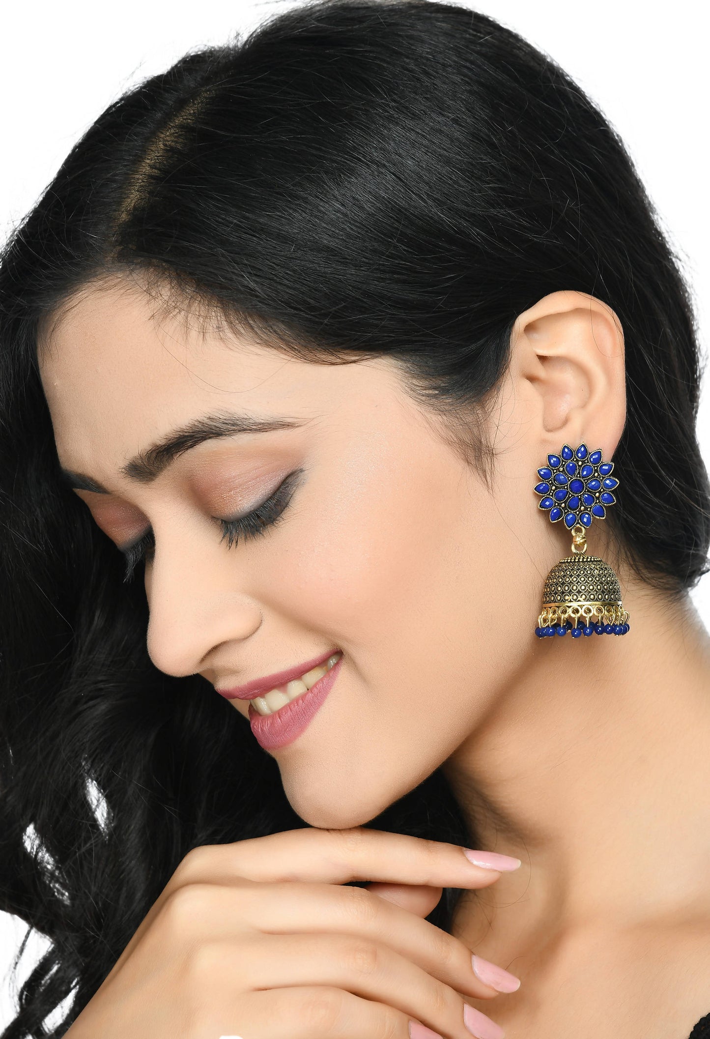 Mominos Fashion Johar Kamal Kundan Work Jhumka With Blue Beads For Women