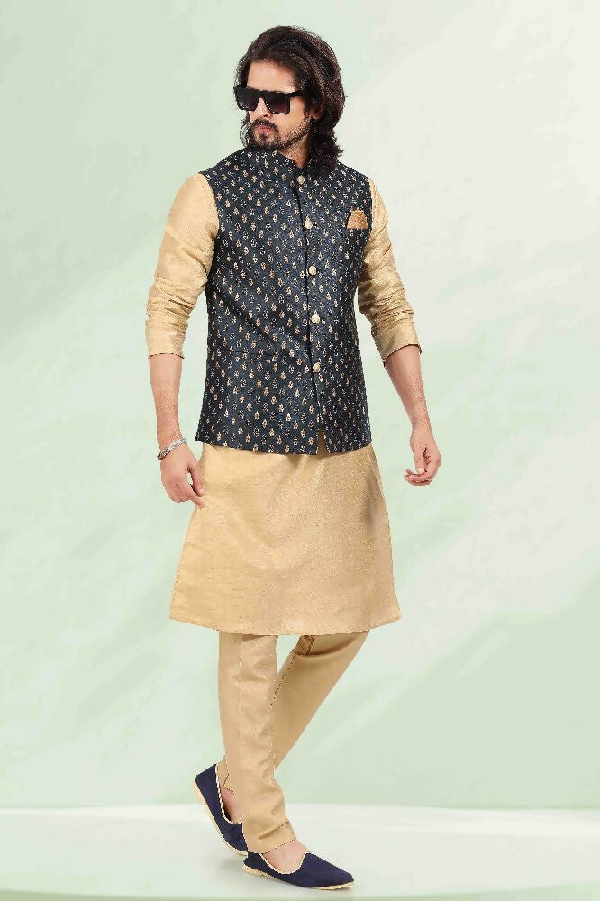 Raivat Ethnic Jacquard Banarasi Silk Woven Work 3 Pics Jacket Set In Blue Colour