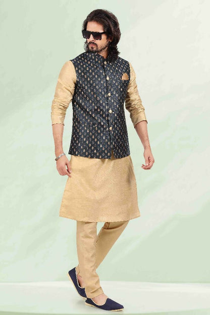 Raivat Ethnic Jacquard Banarasi Silk Woven Work 3 Pics Jacket Set In Blue Colour