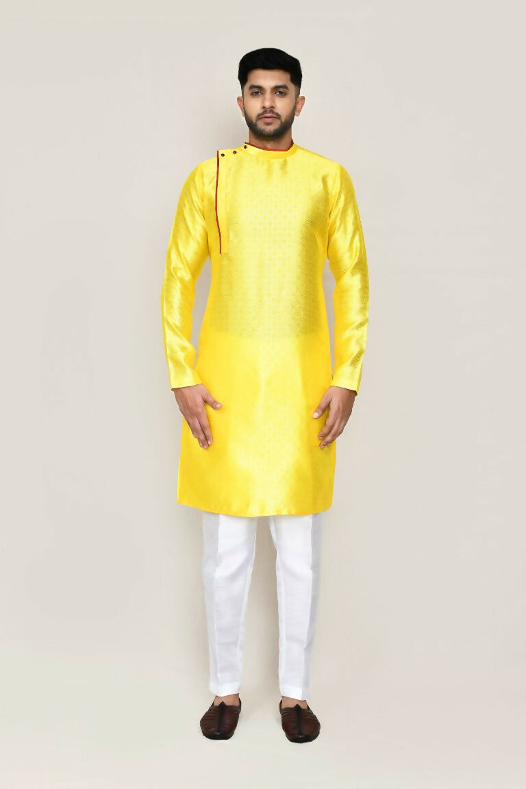 Joban Fashion Yellow Colored Jacquard Silk Fabric Kurta With Straight Fit Pant