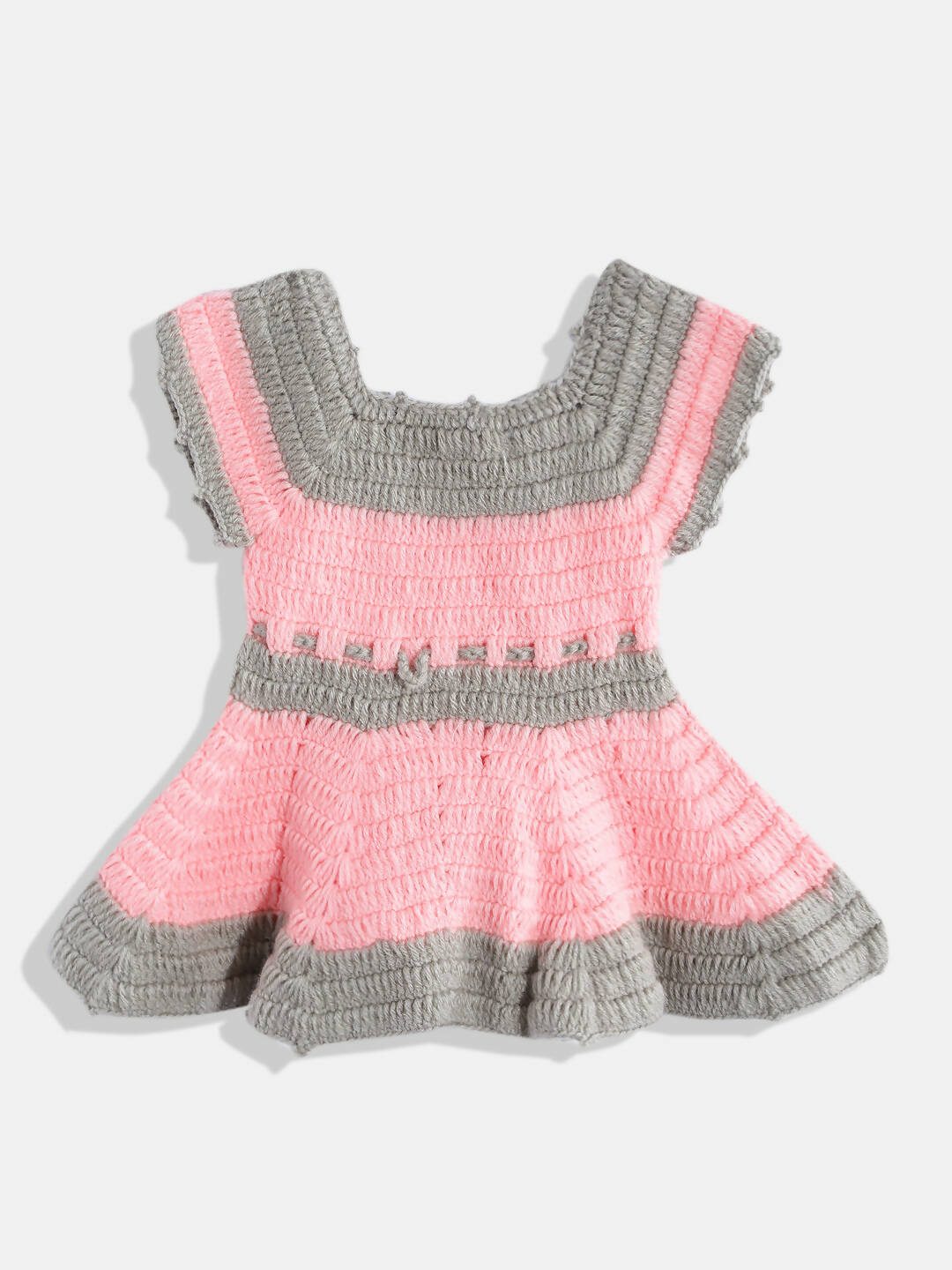 Chutput Kids Woollen Hand Knitted Short Sleeves Flower Detail Dress For Baby Girls - Pink