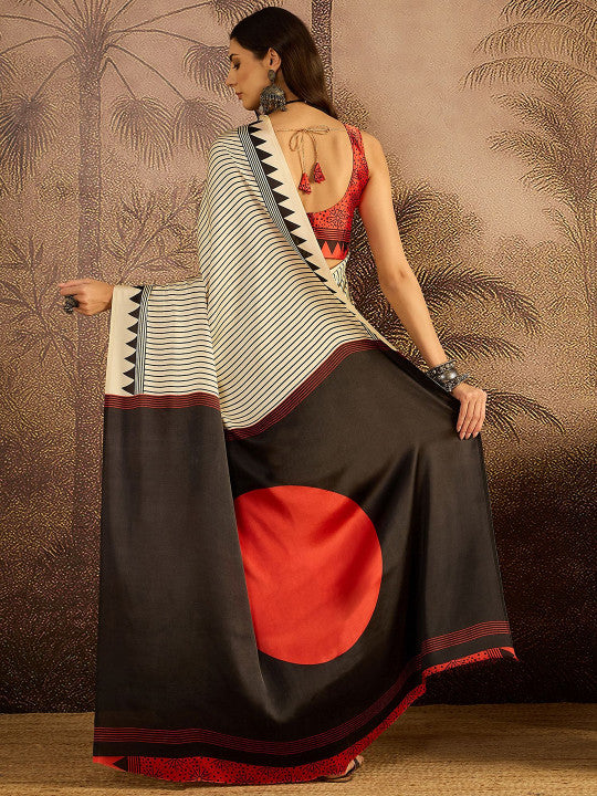 Sangria Striped Printed Saree with Unstitched Blouse