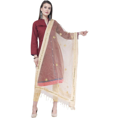 A R Silk Light Golden Color Flower Mirror Orgenza Cotton Dupattas and Chunnis