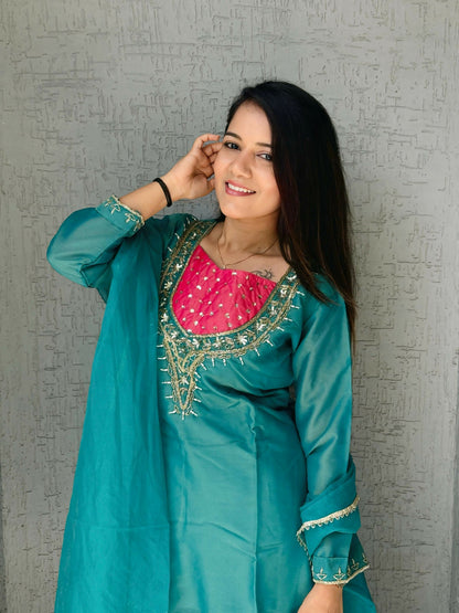 Anaita Sky-Blue Roman Shimmer Readymade Kurti Set with Handwork & Moti Work