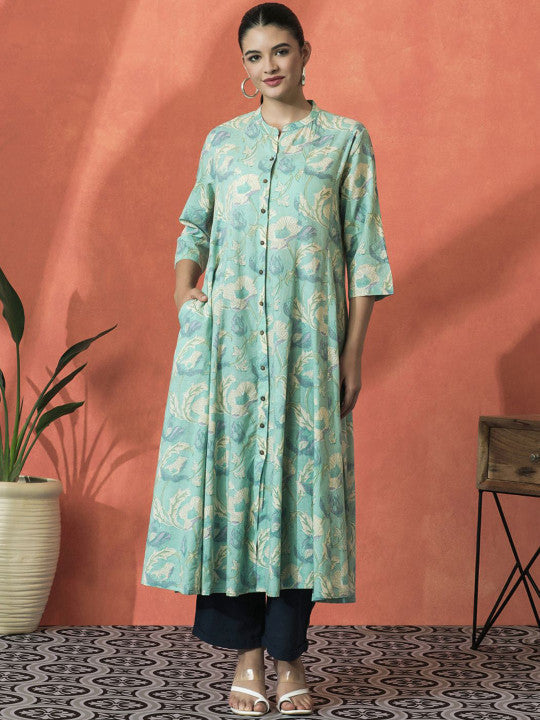 Sangria Floral Printed Mandarin Collar Panelled Pure Cotton A-Line Kurta