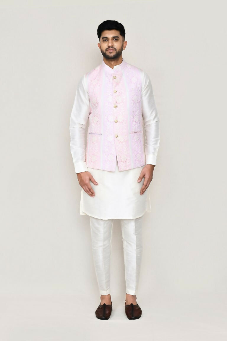Joban Fashion White Colored Art Silk Fabric Kurta, Jacket With Straight Fit Pant