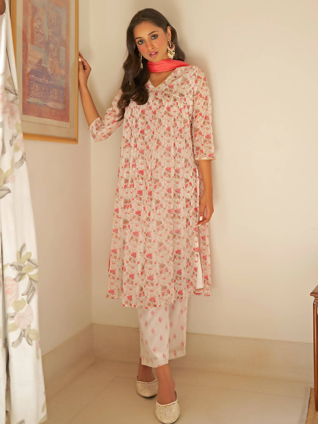 Janasya Women's White Chiffon Lurex Floral Printed Festive Straight Kurta Set