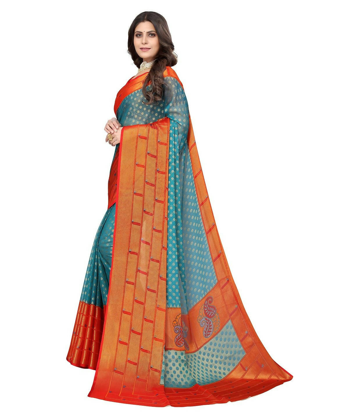 Vamika Sky Blue Chiffon Brasso Bollywood Style Woven Saree (DIMPLE SKY BLUE)