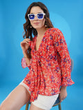 Sangria Red Floral Printed V-Neck Bell Sleeve Georgette A-Line Top