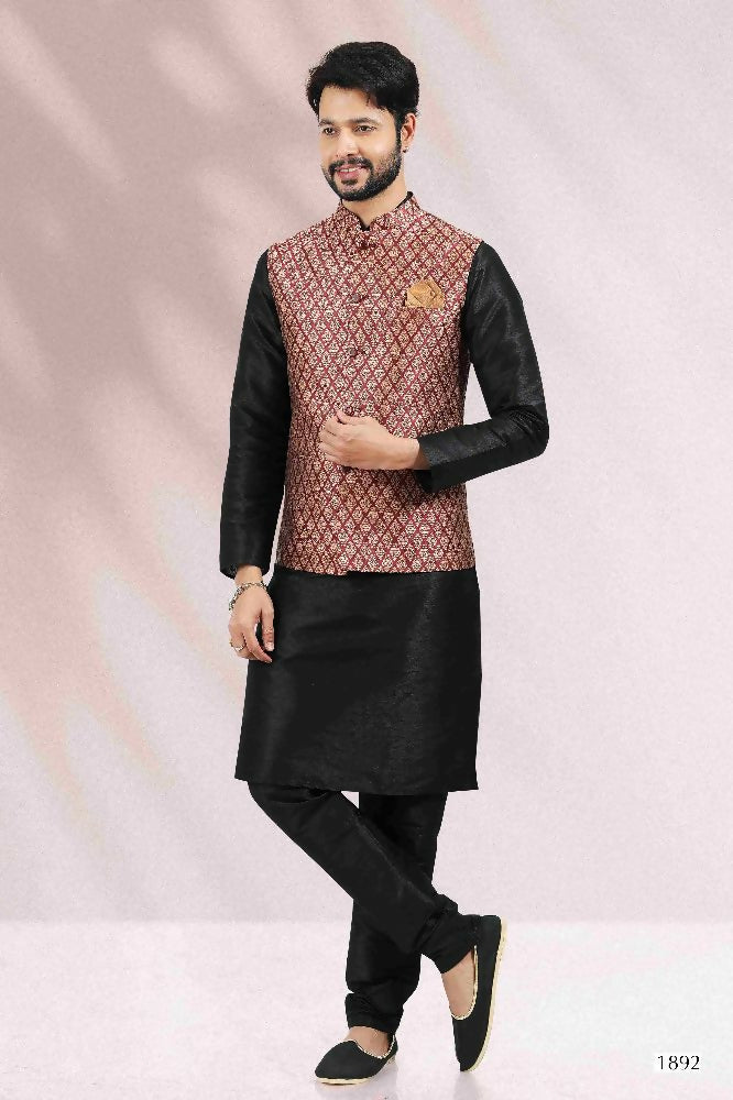 Raivat Ethnic Jacquard Banarasi Silk Woven Work 3 Pics Jacket Set In Maroon Colour