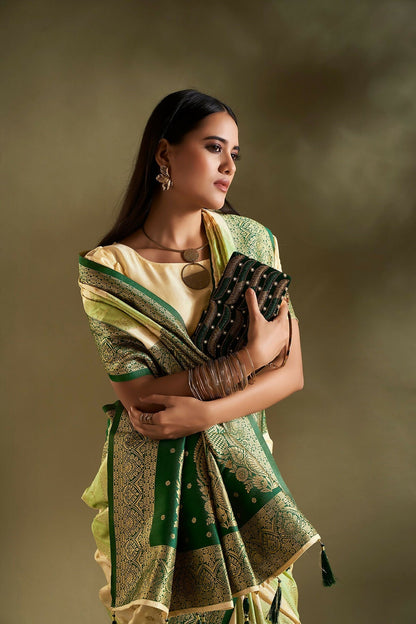 Joban Fashion Cream & Light Green Plain With Weaving Border Banarasi Silk Sarees