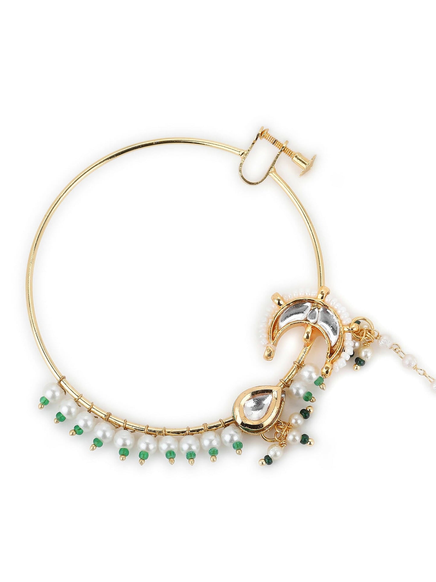 Gold-Polished White Green Kundan-Studded Pearl Beaded Nosepin - Ruby Raang