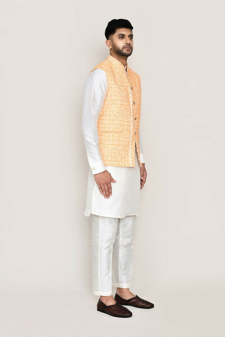 Joban Fashion White Colored Art Silk Fabric Kurta, Jacket With Straight Fit Pant
